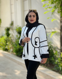 مانتو زنانه مشکی سفید مدل پاپیوندار | سایزبندی کامل و قد قابل سفارش
